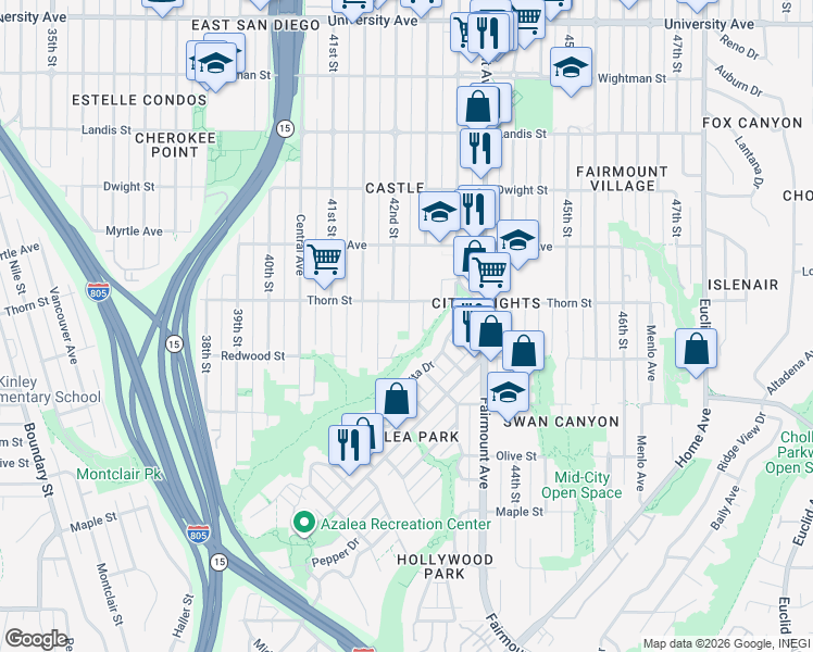 map of restaurants, bars, coffee shops, grocery stores, and more near 3184 Van Dyke Avenue in San Diego