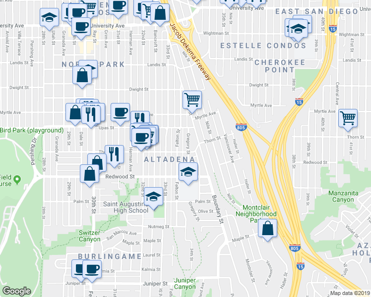 map of restaurants, bars, coffee shops, grocery stores, and more near 3234 Gregory Street in San Diego