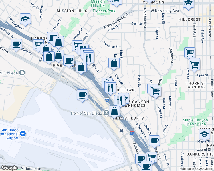 map of restaurants, bars, coffee shops, grocery stores, and more near 3470 Columbia Street in San Diego