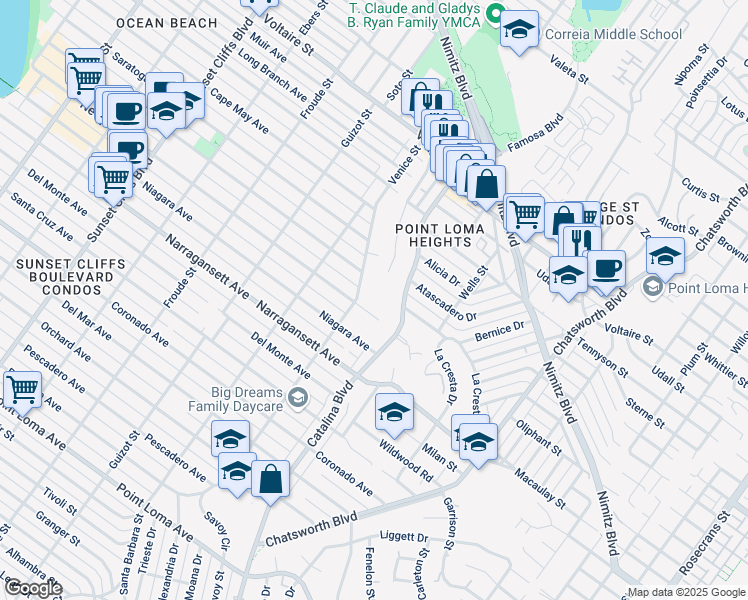 map of restaurants, bars, coffee shops, grocery stores, and more near 4253 Newport Avenue in San Diego