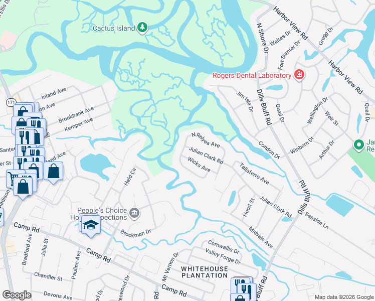 map of restaurants, bars, coffee shops, grocery stores, and more near 1332 Wicks Avenue in Charleston