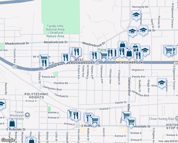 map of restaurants, bars, coffee shops, grocery stores, and more near 506 Haynes Avenue in Fort Worth