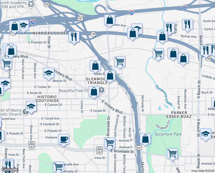 map of restaurants, bars, coffee shops, grocery stores, and more near 1726 East Tucker Street in Fort Worth