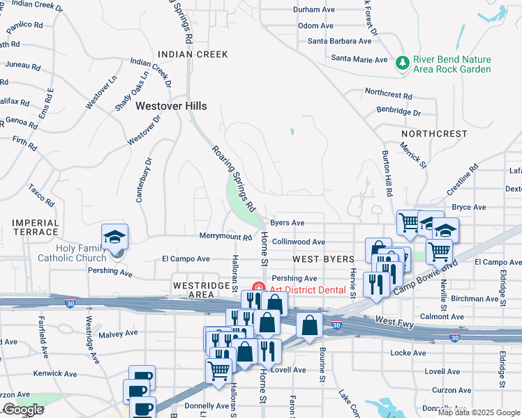 map of restaurants, bars, coffee shops, grocery stores, and more near 5700 Westover Court in Fort Worth