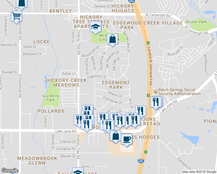 map of restaurants, bars, coffee shops, grocery stores, and more near 1400 Rusk Drive in Mesquite
