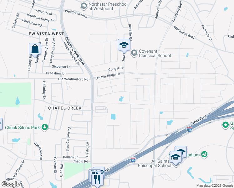 map of restaurants, bars, coffee shops, grocery stores, and more near 10021 Poinsett Way in White Settlement