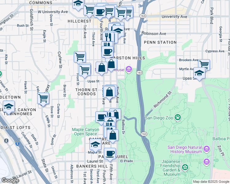 map of restaurants, bars, coffee shops, grocery stores, and more near in San Diego