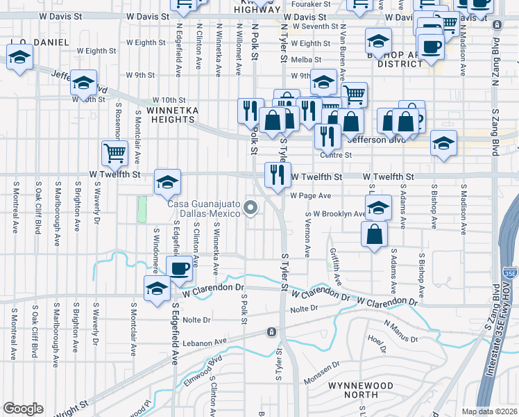 map of restaurants, bars, coffee shops, grocery stores, and more near 619 Buckalew Street in Dallas