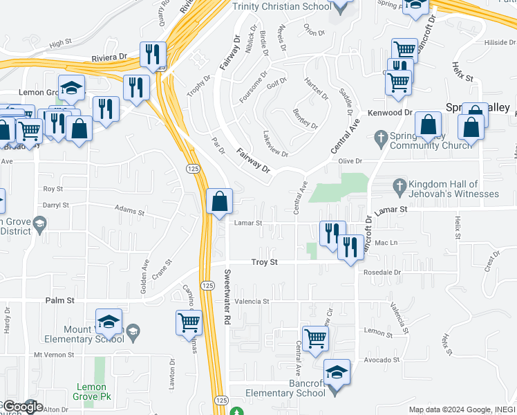 map of restaurants, bars, coffee shops, grocery stores, and more near 3177 Dovecrest Court in Spring Valley
