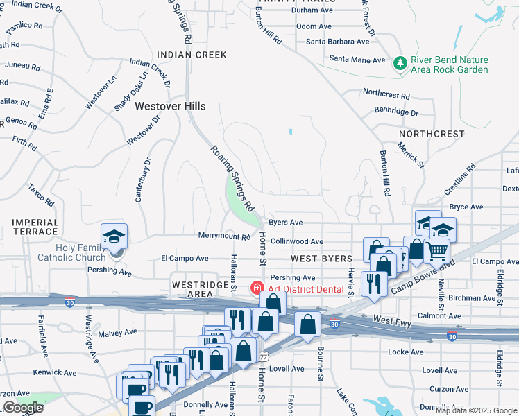 map of restaurants, bars, coffee shops, grocery stores, and more near 5700 Westover Court in Fort Worth