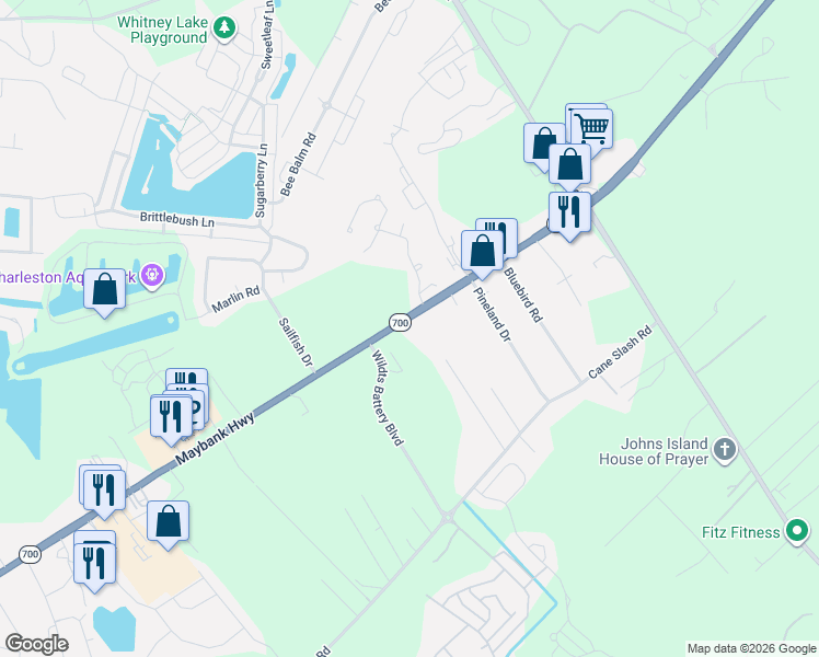 map of restaurants, bars, coffee shops, grocery stores, and more near 2943 Maybank Highway in Johns Island