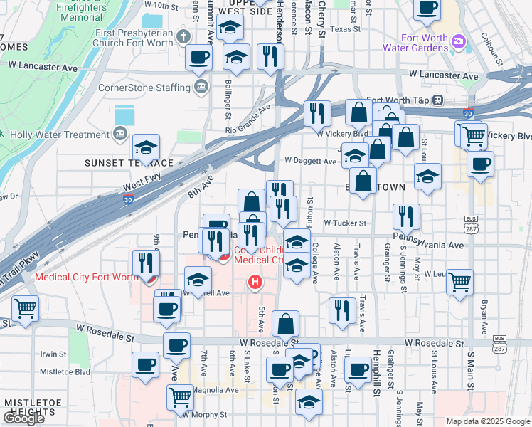 map of restaurants, bars, coffee shops, grocery stores, and more near 1200 South Henderson Street in Fort Worth