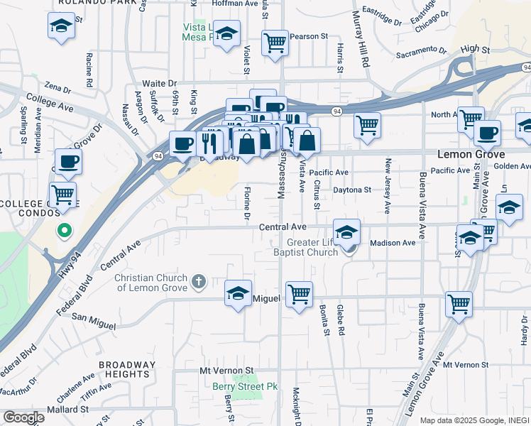 map of restaurants, bars, coffee shops, grocery stores, and more near 7180 Central Avenue in Lemon Grove