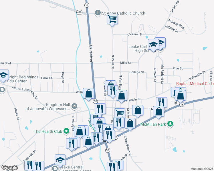 map of restaurants, bars, coffee shops, grocery stores, and more near 223 North Pearl Street in Carthage