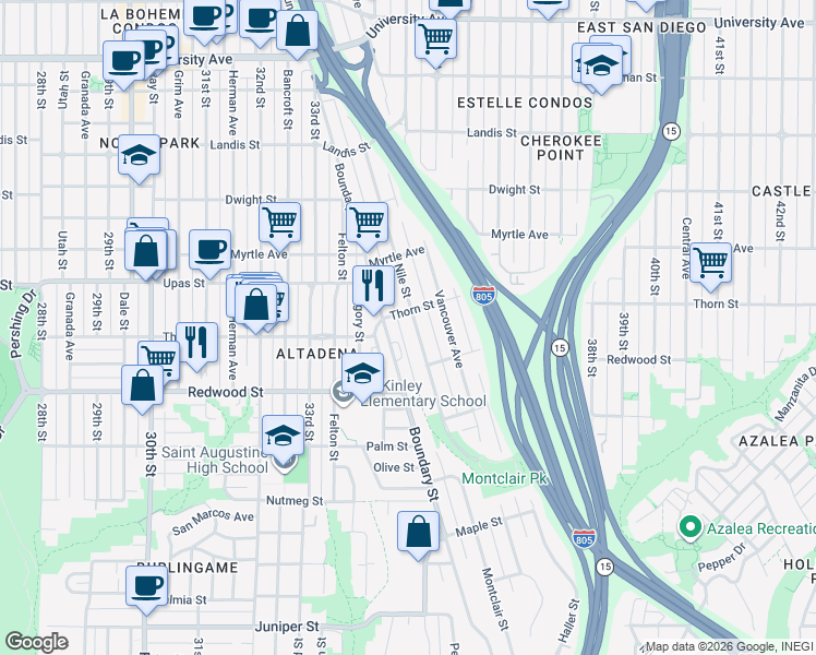 map of restaurants, bars, coffee shops, grocery stores, and more near 3226-28 Nile Street in San Diego