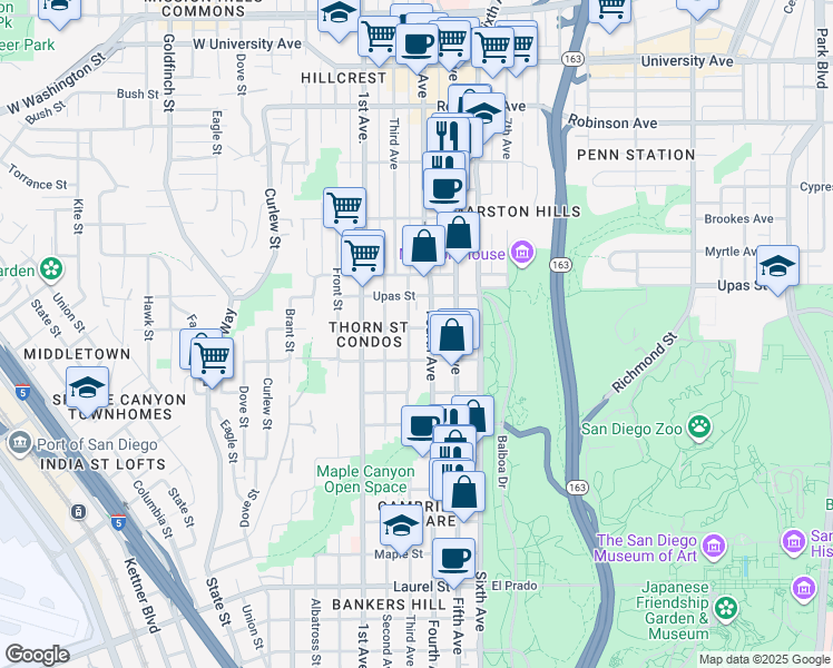 map of restaurants, bars, coffee shops, grocery stores, and more near 3200 Fourth Avenue in San Diego