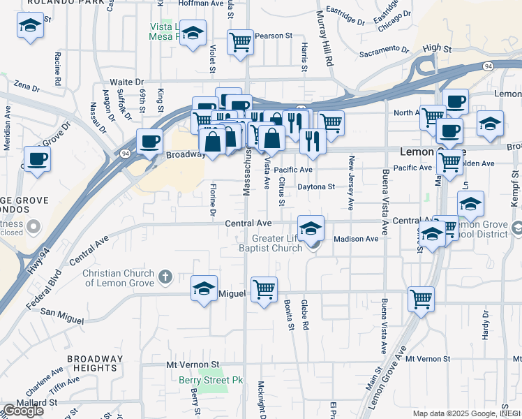 map of restaurants, bars, coffee shops, grocery stores, and more near 3144 Vista Avenue in Lemon Grove