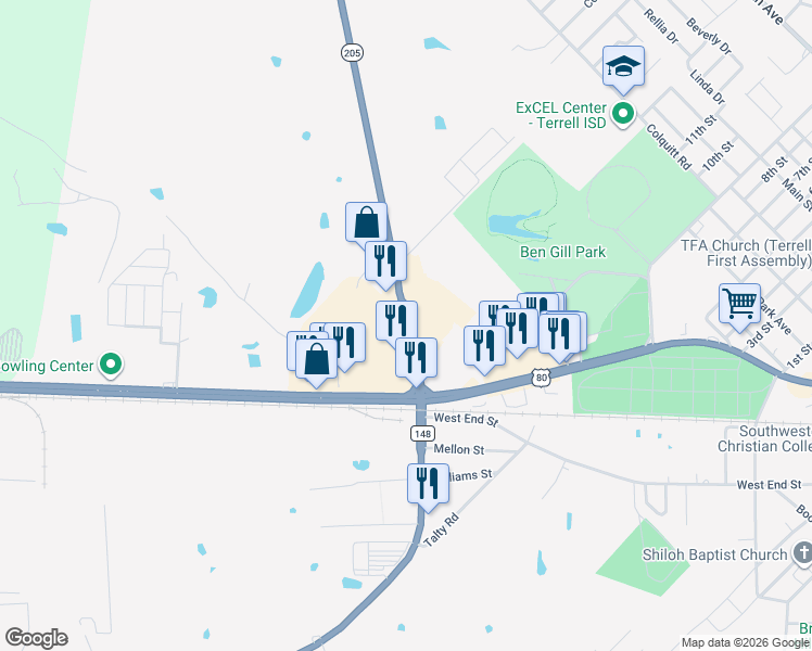 map of restaurants, bars, coffee shops, grocery stores, and more near 101 State Highway 205 in Terrell