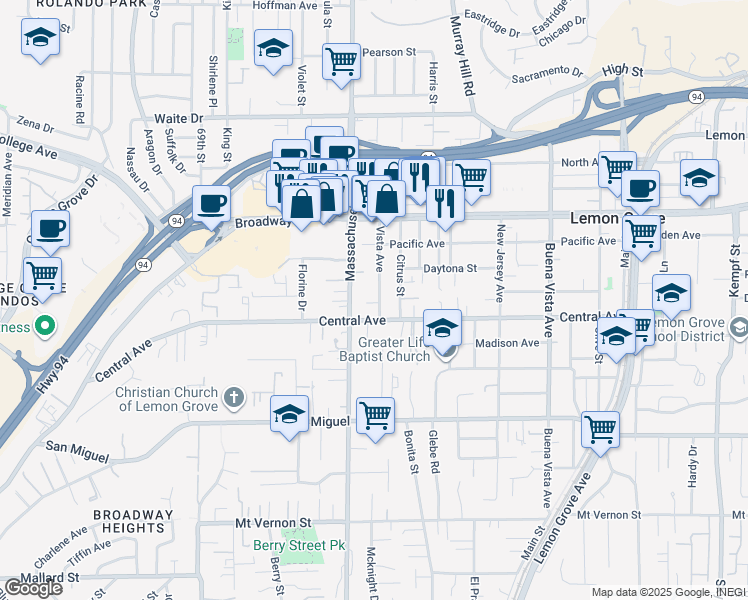 map of restaurants, bars, coffee shops, grocery stores, and more near 3144 Vista Avenue in Lemon Grove