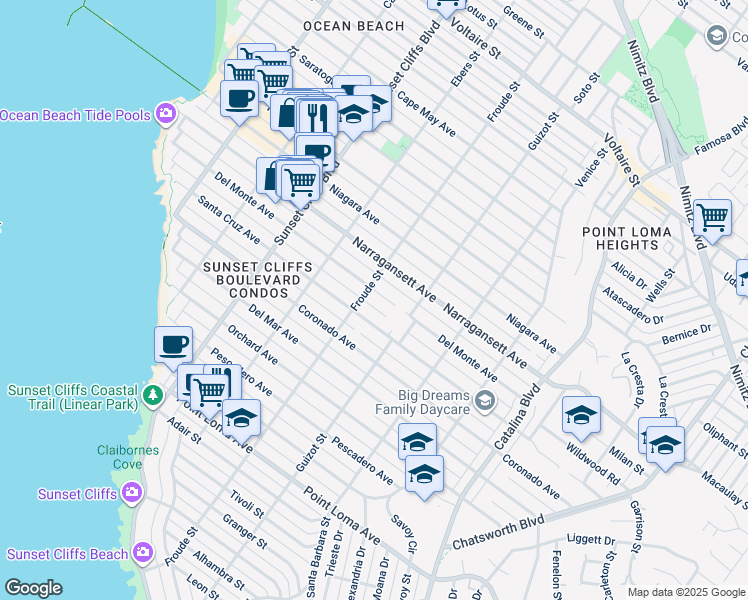 map of restaurants, bars, coffee shops, grocery stores, and more near 4546 Santa Cruz Avenue in San Diego