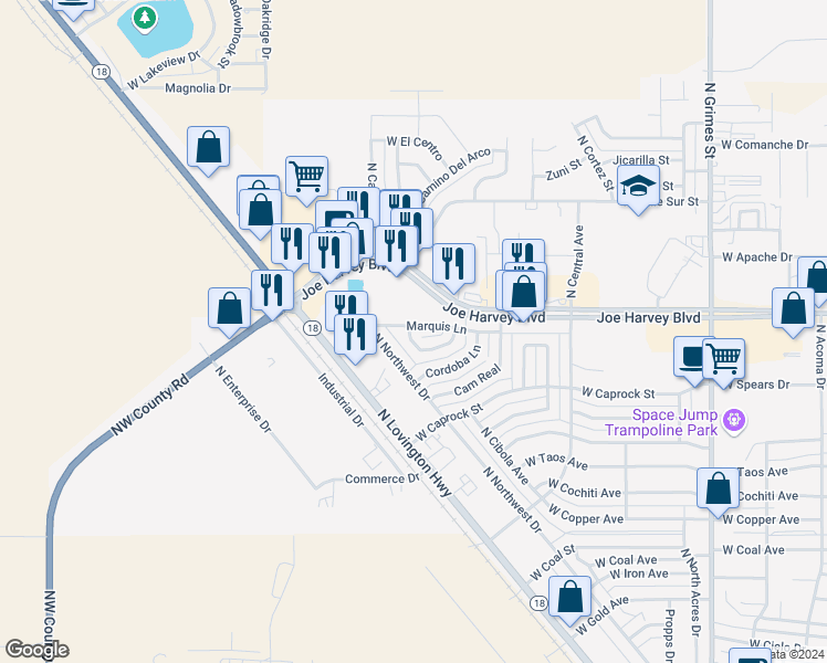 map of restaurants, bars, coffee shops, grocery stores, and more near 1623 Marquis Lane in Hobbs