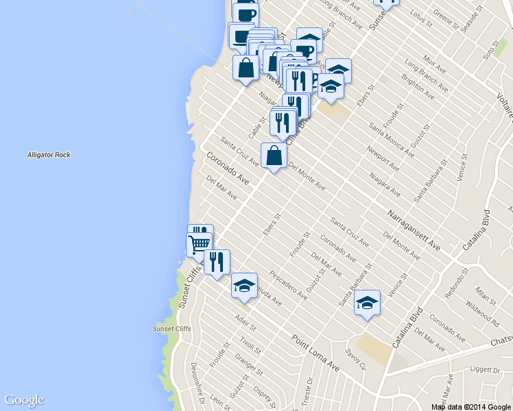 map of restaurants, bars, coffee shops, grocery stores, and more near 4722 Del Mar Avenue in San Diego