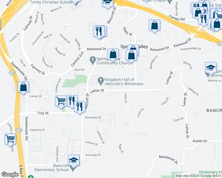 map of restaurants, bars, coffee shops, grocery stores, and more near 9146 Lamar Street in Spring Valley
