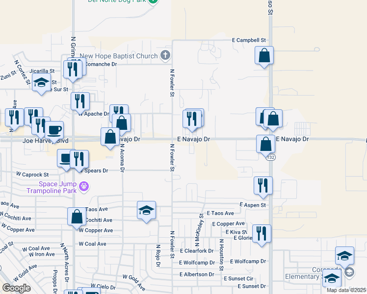 map of restaurants, bars, coffee shops, grocery stores, and more near 201 East Navajo Drive in Hobbs