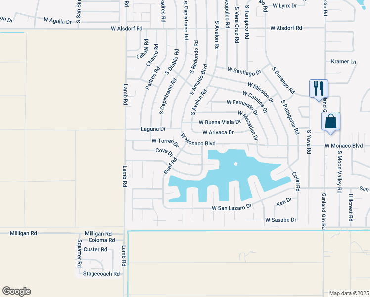 map of restaurants, bars, coffee shops, grocery stores, and more near 10810 Cove Drive in Arizona City