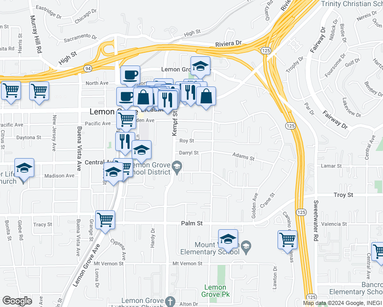 map of restaurants, bars, coffee shops, grocery stores, and more near 3055 Julielynn Way in Lemon Grove