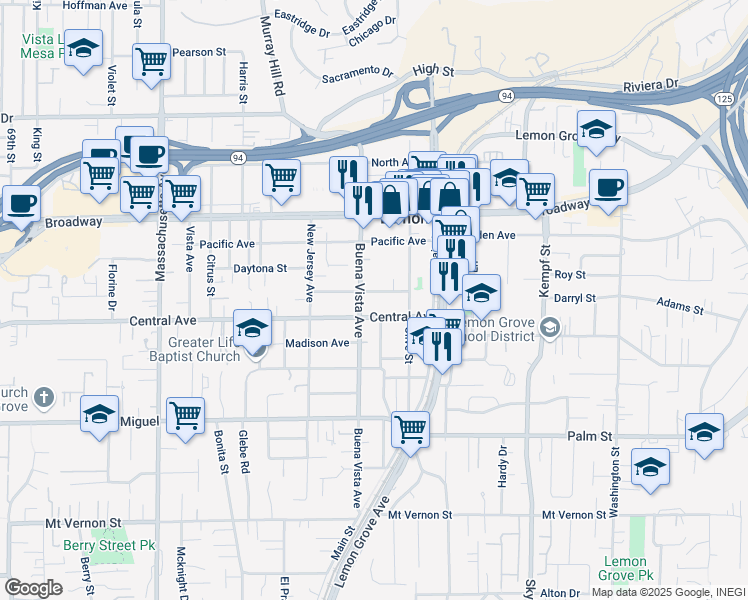 map of restaurants, bars, coffee shops, grocery stores, and more near 7646 Central Avenue in Lemon Grove