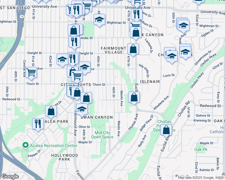 map of restaurants, bars, coffee shops, grocery stores, and more near 3128 46th Street in San Diego