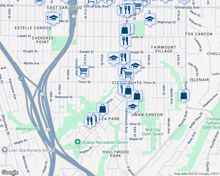 map of restaurants, bars, coffee shops, grocery stores, and more near 3184 Van Dyke Avenue in San Diego
