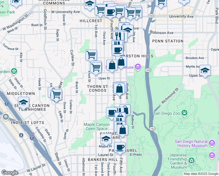 map of restaurants, bars, coffee shops, grocery stores, and more near 3200 Fourth Avenue in San Diego