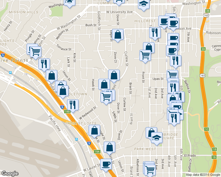 map of restaurants, bars, coffee shops, grocery stores, and more near 3207 Reynard Way in San Diego
