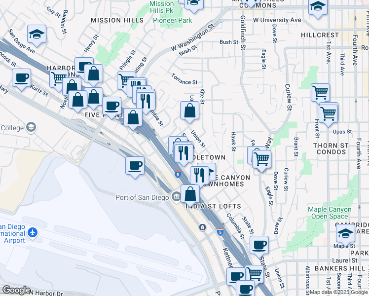 map of restaurants, bars, coffee shops, grocery stores, and more near 3470 Columbia Street in San Diego