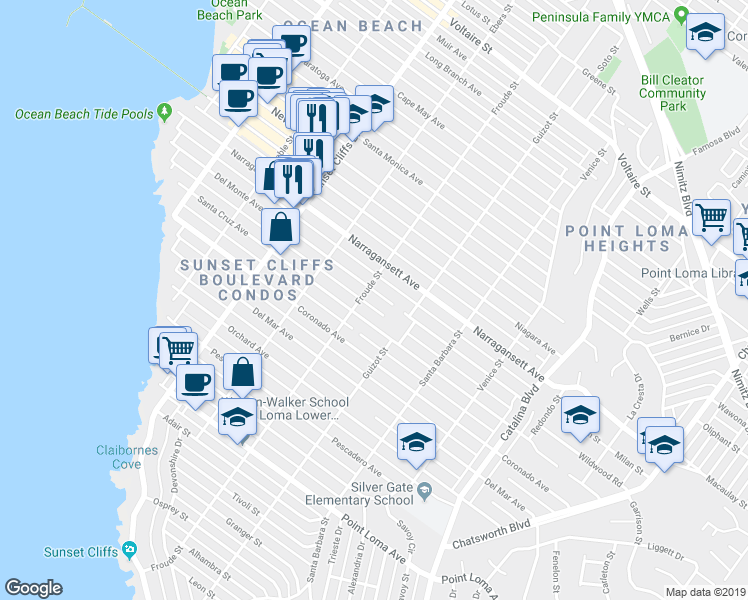 map of restaurants, bars, coffee shops, grocery stores, and more near 4546 Santa Cruz Avenue in San Diego