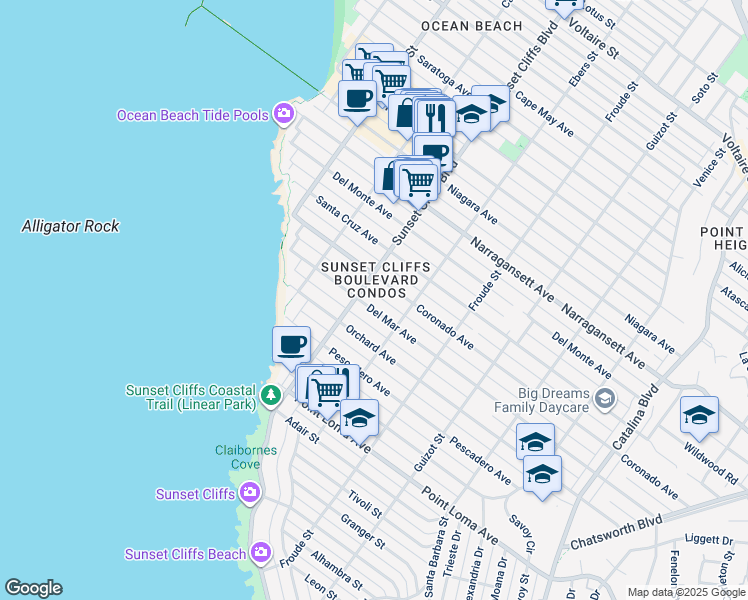 map of restaurants, bars, coffee shops, grocery stores, and more near 4722 Del Mar Avenue in San Diego
