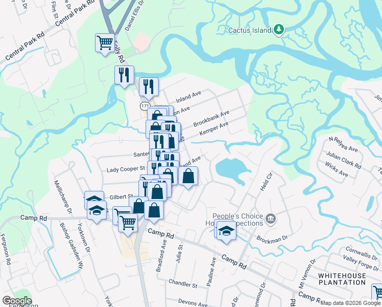 map of restaurants, bars, coffee shops, grocery stores, and more near 1570 Highland Avenue in Charleston