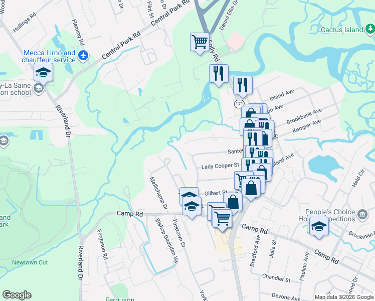 map of restaurants, bars, coffee shops, grocery stores, and more near 803B Santee Street in Charleston