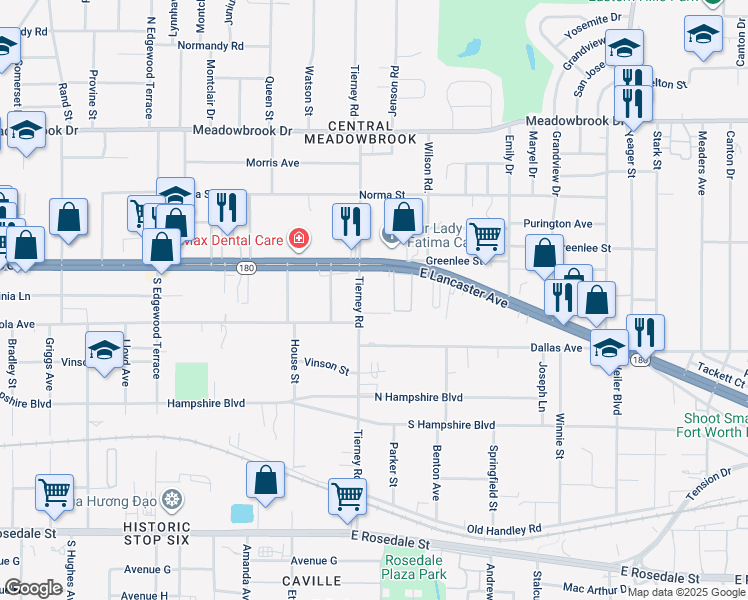 map of restaurants, bars, coffee shops, grocery stores, and more near 601 Tierney Road in Fort Worth
