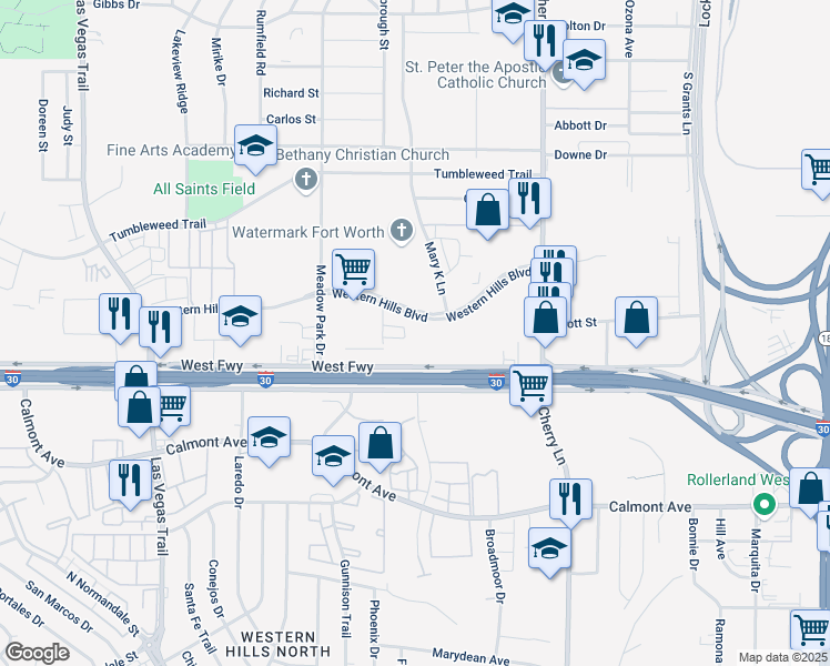 map of restaurants, bars, coffee shops, grocery stores, and more near 8050 West Fwy in White Settlement