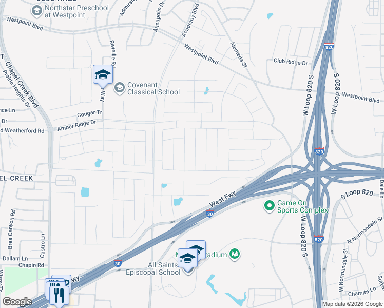 map of restaurants, bars, coffee shops, grocery stores, and more near 2312 Denmark Lane in Fort Worth