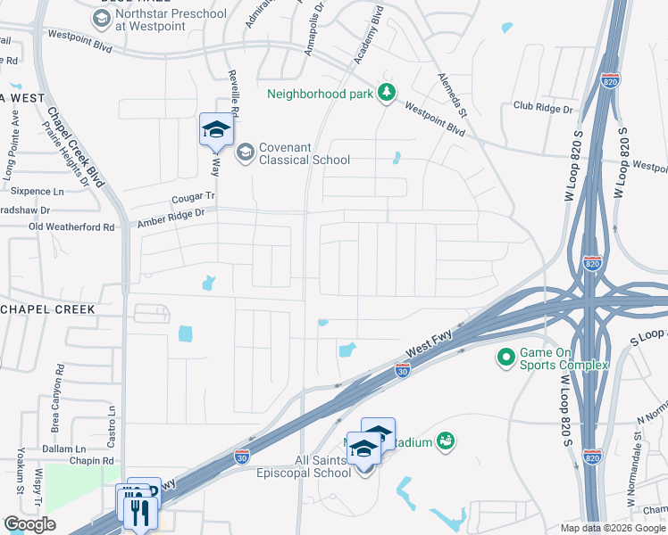 map of restaurants, bars, coffee shops, grocery stores, and more near 9801 Oldwest Trail in Fort Worth
