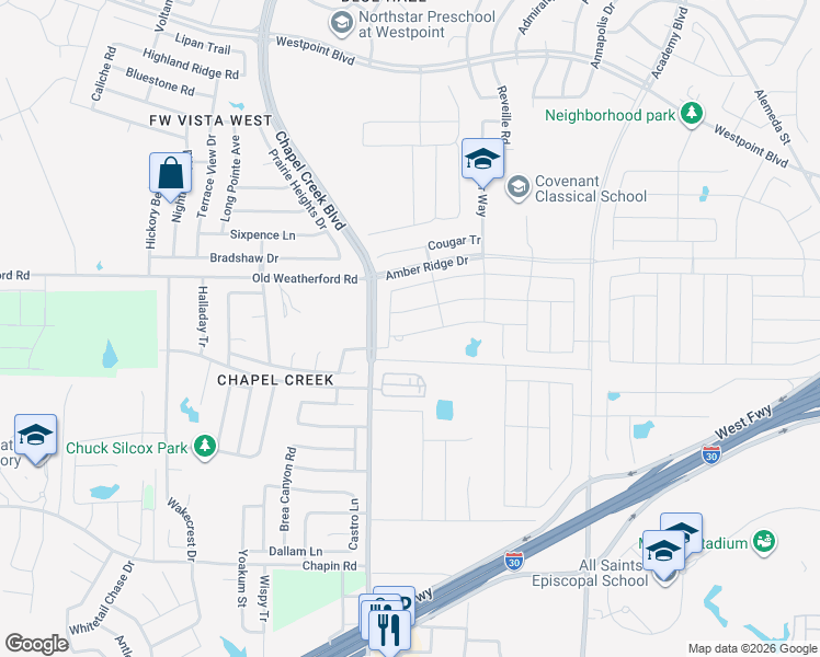 map of restaurants, bars, coffee shops, grocery stores, and more near 10117 Poinsett Way in White Settlement