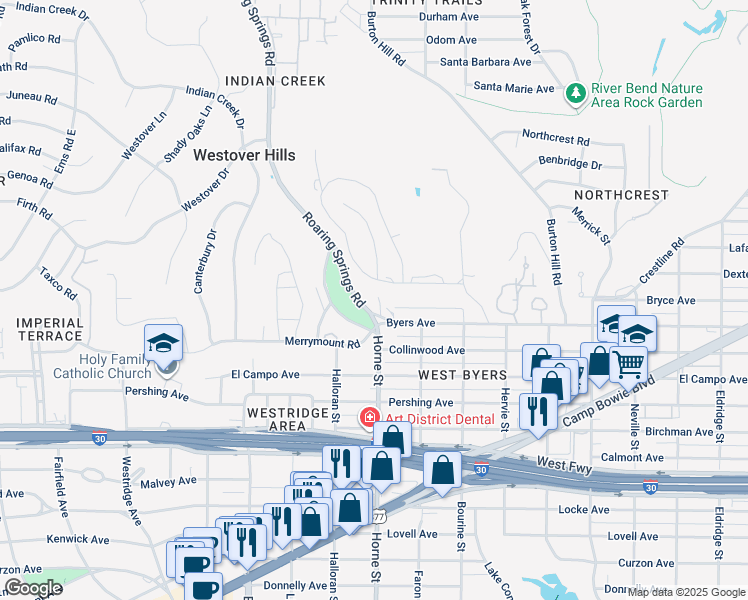 map of restaurants, bars, coffee shops, grocery stores, and more near 5700 Westover Court in Fort Worth