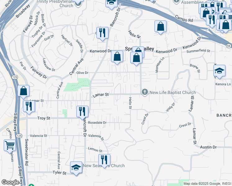 map of restaurants, bars, coffee shops, grocery stores, and more near 3105 Lamar Springs Court in Spring Valley