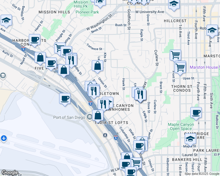 map of restaurants, bars, coffee shops, grocery stores, and more near 1220 West Thorn Street in San Diego