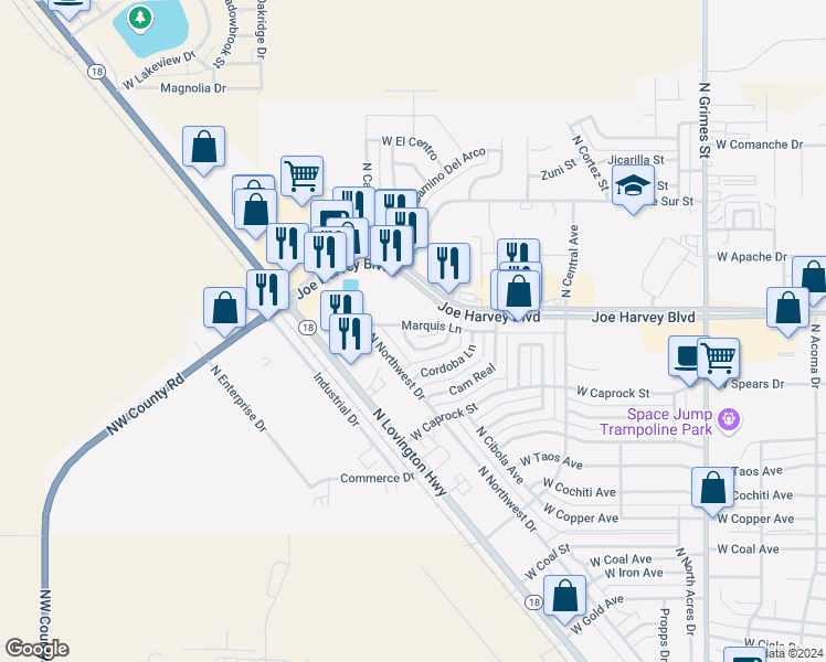 map of restaurants, bars, coffee shops, grocery stores, and more near 1619 Marquis Lane in Hobbs