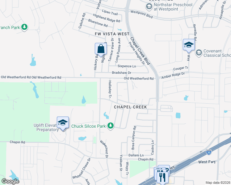 map of restaurants, bars, coffee shops, grocery stores, and more near 2212 Whispering Wind Street in Fort Worth